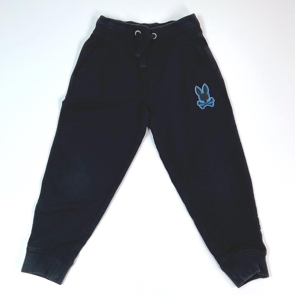 Psycho‎ Bunny Boys Black Sweatpants Blue Logo Joggers Size 4 XXS